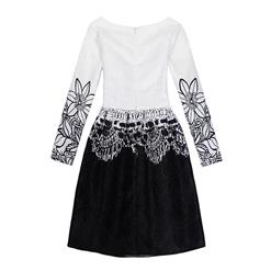 Girl's Vintage Long Sleeve Round Collar Black Floral Print A-Line Dress N15528