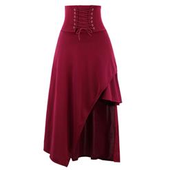 Victorian Steampunk Gothic Vintage Wine-Red Band Waist Skirt N15676