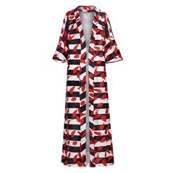 Women's Half Sleeve Stripe Red Leaves Pattern Trench Coat  N15814