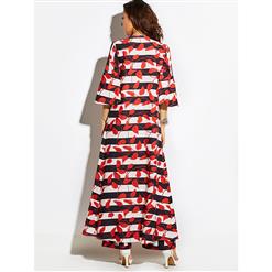 Women's Half Sleeve Stripe Red Leaves Pattern Trench Coat  N15814