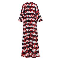 Women's Half Sleeve Stripe Red Leaves Pattern Trench Coat  N15814