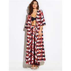 Women's Half Sleeve Stripe Red Leaves Pattern Trench Coat  N15814