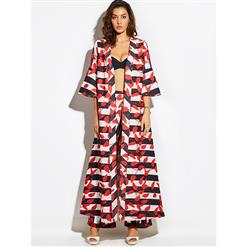 Women's Half Sleeve Stripe Red Leaves Pattern Trench Coat  N15814