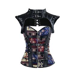 Women's Steampunk Floral Plastic Boned Jacquard Overbust Corset with Decorative Cap Sleeve Shrug N15818