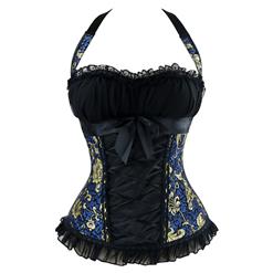 Fashion Victorian Vintage Blue Halter Jacquard Plastic Boned Lace Up Overbust Corset N15819