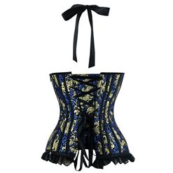 Fashion Victorian Vintage Blue Halter Jacquard Plastic Boned Lace Up Overbust Corset N15819