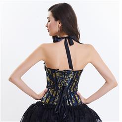 Women's Victorian Vintage Blue Halter Jacquard Overbust Corset Organza Skirt Set N15820