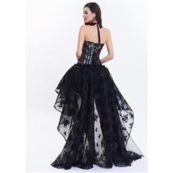 Women's Victorian Vintage Blue Halter Jacquard Overbust Corset Organza Skirt Set N15820