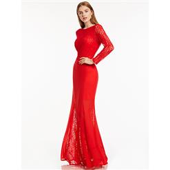 Women's Red Round Neck Long Sleeves Lace Evening Gowns N15909