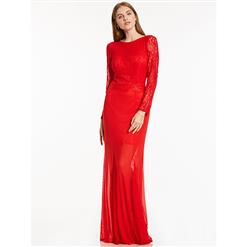 Women's Red Round Neck Long Sleeves Lace Evening Gowns N15909