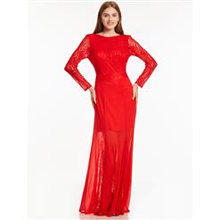 Women's Red Round Neck Long Sleeves Lace Evening Gowns N15909