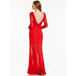 Women's Red Round Neck Long Sleeves Lace Evening Gowns N15909