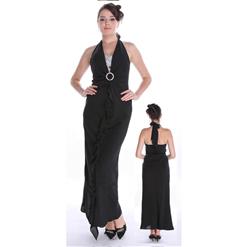 Sexy Black Deep V Ruffled Halter Neck Evening Dress N1610