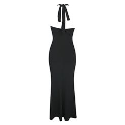 Sexy Black Deep V Ruffled Halter Neck Evening Dress N1610