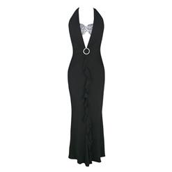 Sexy Black Deep V Ruffled Halter Neck Evening Dress N1610