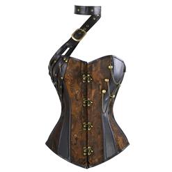 Women's Steampunk Faux Leather Jacquard Splicing Plastic Boned Buckle Halter Overbust Corset N16191