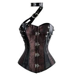 Women's Steampunk Faux Leather Jacquard Splicing Plastic Boned Buckle Halter Overbust Corset N16192