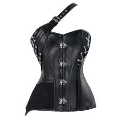 Women's Black Steampunk Floral Faux Leather Jacquard Splicing Plastic Boned Buckle Overbust Corset N16193