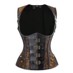 Women's Steampunk Gothic 12 Plastic Boned Jacquard Faux Leahter Vest Underbust Corset N16210