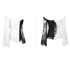 Women's Fashion Black/White Plastic Boned Overbust Corset with Long Floral Lace Sleeve N16211