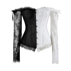 Women's Fashion Black/White Plastic Boned Overbust Corset with Long Floral Lace Sleeve N16211