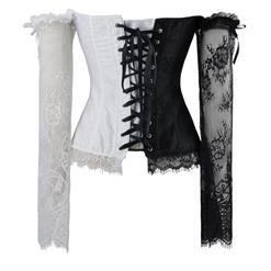 Women's Fashion Black/White Plastic Boned Overbust Corset with Long Floral Lace Sleeve N16211