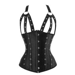 Women's Steampunk Gothic Black Plastic Boned Satin Hole Strappy Corset N16213