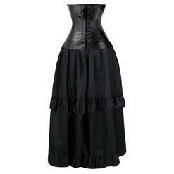 Women's Steampunk Black Faux Leather Buckles Overbust Corset High-low Skirt Set N16234