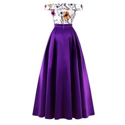 Women's Vintage Off Shoulder Floral Print Patchwork Long Prom Gowns Evening Dress N16276