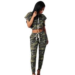 Casual Camouflage Sport Suit, Short Sleeve Hooded Crop Top Suit, Crop Top Tight Long Pants Suit, Loose Hooded Crop Top Pants Suit, Fashion Camouflage Pants Suit for Women, #N16290