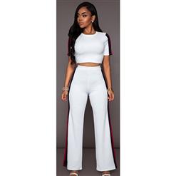 Women's Casual White Sport Suit, Short Sleeve Crop Top Pants Suit, Crop Top Wide Leg Pants Suit, Slim Fit Crop Top Long Pants Suit, Fashion Wide Leg Pants Suit for Women, #N16292