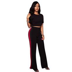 Women's Casual Black Sport Suit Short Sleeve Crop Top Wide Leg Pants Suit N16293