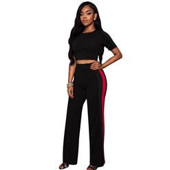 Women's Casual Black Sport Suit Short Sleeve Crop Top Wide Leg Pants Suit N16293