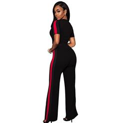 Women's Casual Black Sport Suit Short Sleeve Crop Top Wide Leg Pants Suit N16293