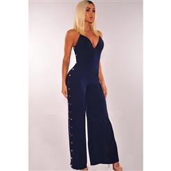 Sexy Sleeveless V Neck Jumpsuit, Spaghetti Strap Slim Fit Wide Leg Jumpsuit, Bodycon V Neck Wide Leg Jumpsuit, Sleeveless High Waist Split Jumpsuit, Fashion Split Wide Leg Jumpsuit for Women, #N16295