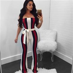 Women's Sexy White Strapless Bosycon Stripe High Waist Bellbottoms Jumpsuit N16296