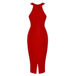 Women's Sexy Red Halter Neck High Waist Strappy Bandage Bodycon Midi Party Dress N16301