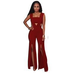 Sexy Sleeveless Strapless Jumpsuit, Red Slim Fit Bellbottoms Jumpsuit, Bodycon Split Jumpsuit, Sleeveless High Waist Jumpsuit, Fashion Bandeau Patchwork Jumpsuit for Women, #N16310