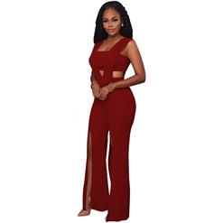 Women's Sexy Red Bandeau Patchwork Wide Leg Split One Piece Jumpsuit N16310