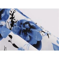 Vintage Blue/White Sleeveless V Neck Floral Print Midi Swing Party Dress N16394