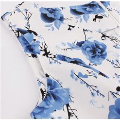 Vintage Blue/White Sleeveless V Neck Floral Print Midi Swing Party Dress N16394