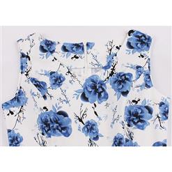 Vintage Blue/White Sleeveless V Neck Floral Print Midi Swing Party Dress N16394