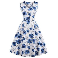 Vintage Sleeveless V Neck Midi Dress, Retro Floral Print Swing Dress, Classical Sleeveless Printed Midi Dress, Women's Print Slim Fit Swing Dress, Elegant Floral Print Swing Party Dress, #N16394