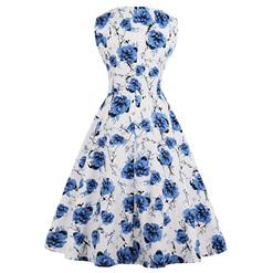 Vintage Blue/White Sleeveless V Neck Floral Print Midi Swing Party Dress N16394