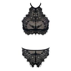 Sexy Black See-through Halter Floral Lace Bra Top and Panty Lingerie Set N16416