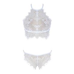 Sexy White See-through Halter Floral Lace Bra Top and Panty Lingerie Set N16417