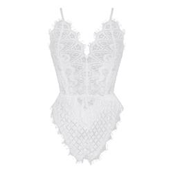 Charming White V Neck Spaghetti Strap Lace Nightwear Bodysuit Teddy Lingerie N16421