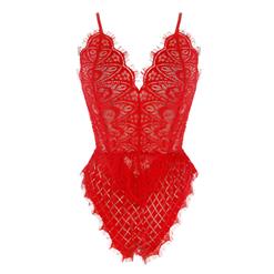 Charming Red V Neck Spaghetti Strap Lace Nightwear Bodysuit Teddy Lingerie N16423