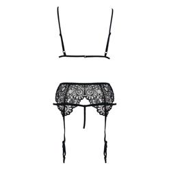 Sexy Black Floral Lace Bra Top and Panty Bikini Lingerie Set with Garters N16430