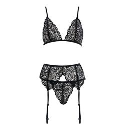 Sexy Black Floral Lace Bra Top and Panty Bikini Lingerie Set with Garters N16430